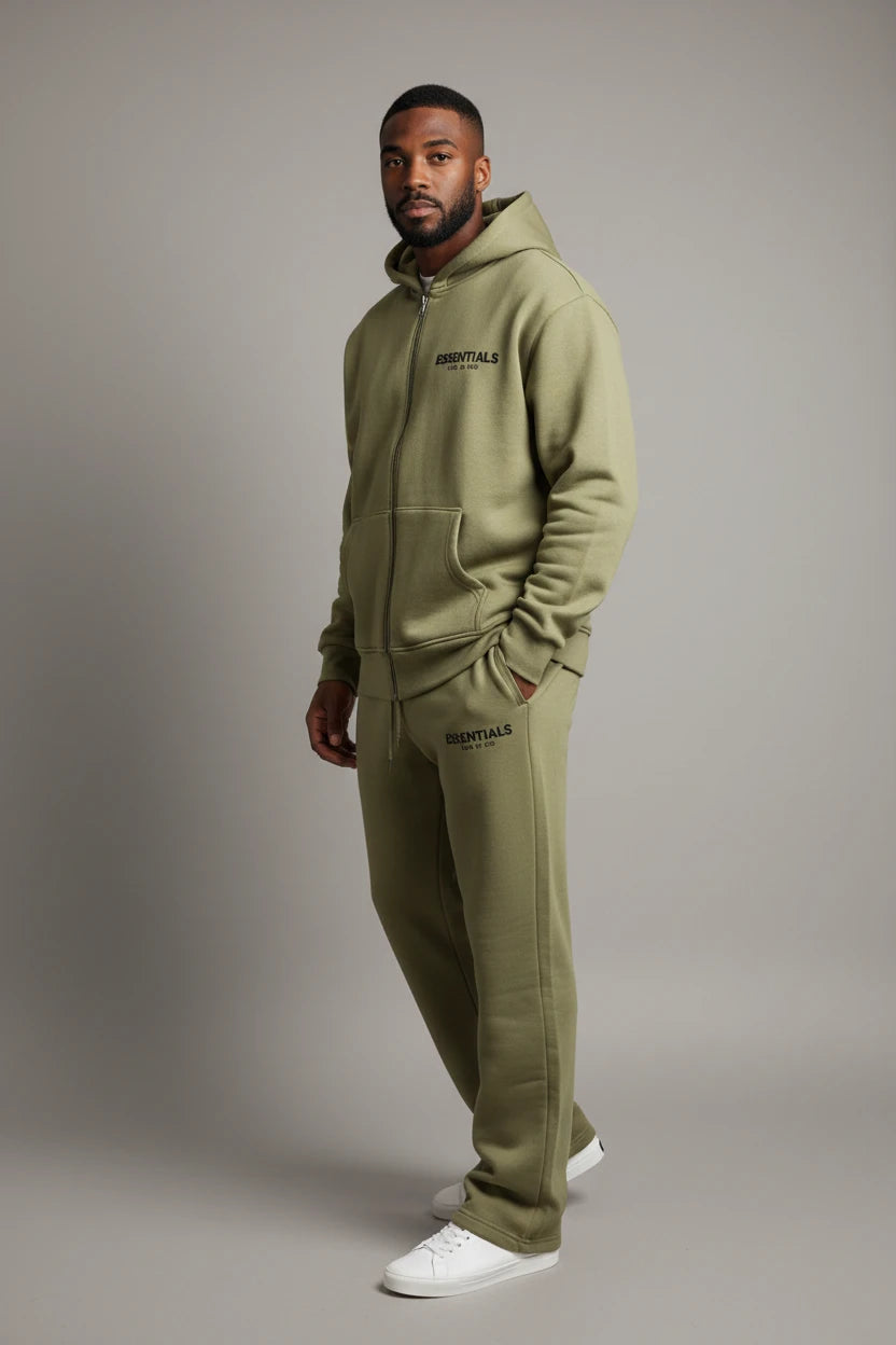 Ensemble Hoodie Zippé & Jogging "Essentials" – Vert Olive Signature