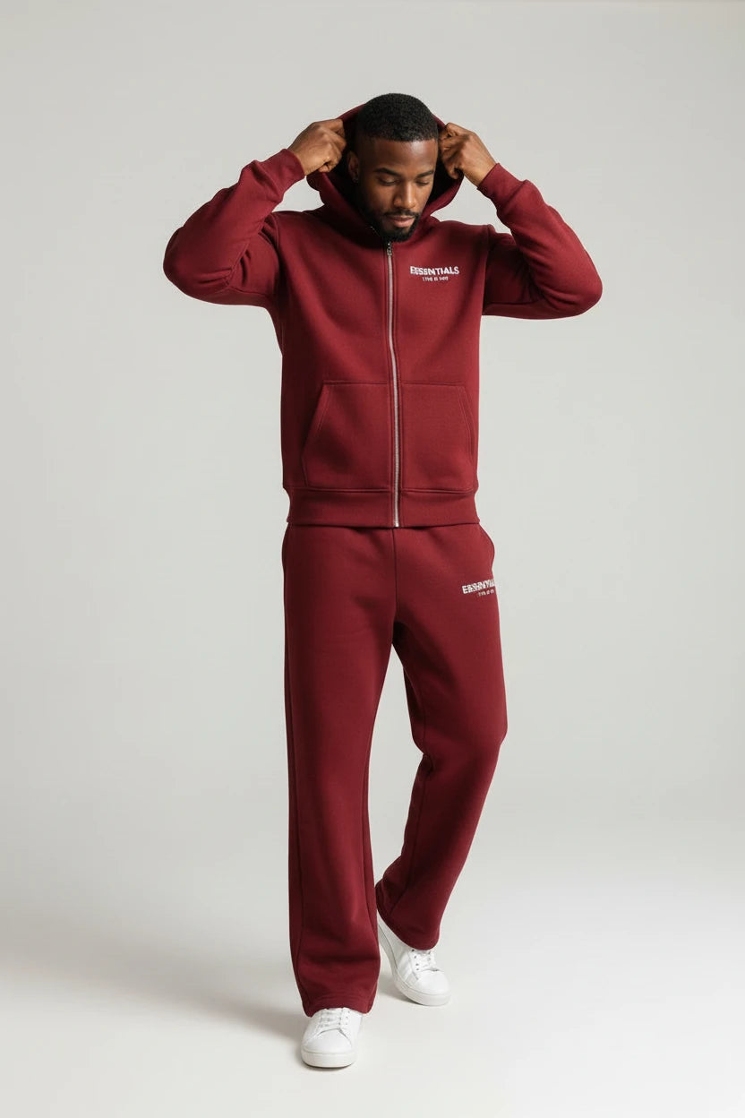Ensemble Hoodie Zippé & Jogging "Essentials" – Bordeaux Profond