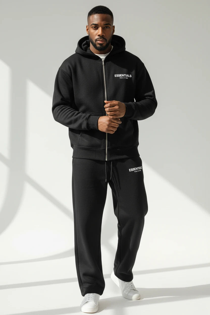 Ensemble Hoodie Zippé  Jogging "Essentials" – Noir Intemporel