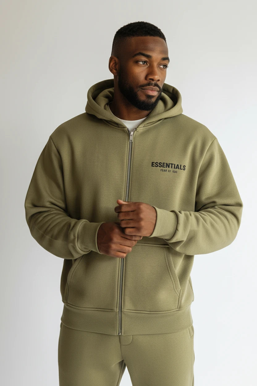 Ensemble Hoodie Zippé & Jogging "Essentials" – Vert Olive Signature